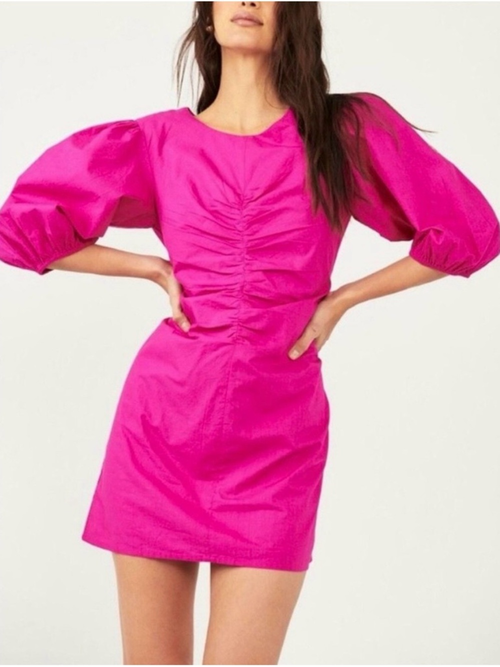 Free People Fuschia Puff-Sleeve Mini Dress